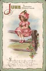 June Birthday Greetings. Flower child on fence dressed with roses Postcard