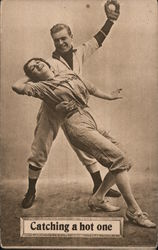 Catching a hot one. Baseball player catching ball and girl player Postcard Postcard Postcard