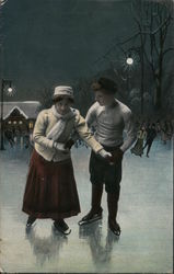 Couple Ice Skating Outdoors At Night Postcard