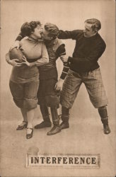 Interference. Football romance, man stealing football while kissing woman player. Postcard Postcard Postcard