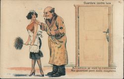 Hold card to light. Old man in dressing gown caressing maid under chin. Hold To Light Postcard Postcard Postcard