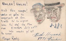 Hand-drawn taxi driver and man smoking cigar Postcard