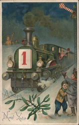 A happy New Year. Children, train, large red 1 on front of train Postcard