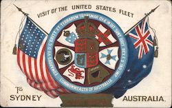 Visit of the United States Fleet to Sydney Australia Aug 1908, flags, shields Navy Postcard Postcard Postcard