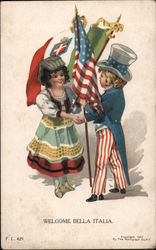 Welcome Bella Italia - Uncle Sam greets Italian Girl Postcard