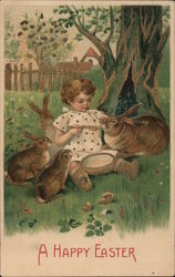 Happy Easter -- Child Feeding Bunnies With Bunnies Postcard Postcard Postcard