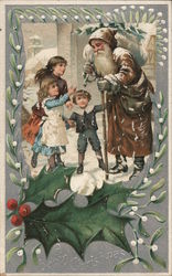 Santa Claus Carrying a Sack and Christmas Tree Surrounded by Children Postcard Postcard Postcard