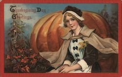 Thanksgiving Day Greetings, Pilgrim girl and pumpkin Pilgrims Brundage Postcard Postcard Postcard