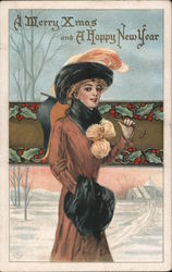 A Merry Xmas and a Happy New Year. Girl with banner, winter scenery Beautiful Ladies Postcard Postcard Postcard