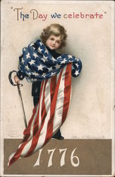 The day we celebrate 1776. Little boy with sword holding flag Postcard