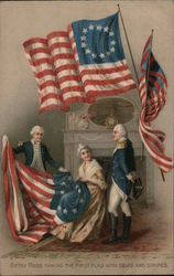 Betsy Ross making the first flag with stars and stripes, George Washington Flags Postcard Postcard Postcard