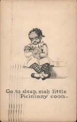 Go to sleep, mah little Picininny coon - Black girl holding baby sitting on steps. signed Black Americana Denniston Postcard Pos Postcard