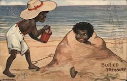 Buried treasure. Black child burying black friend in the sand on the beach Postcard