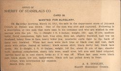 Wanted for Burglary, Stanislaus County California Reward Cards Postcard Postcard Postcard