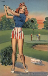 Winsome.Woman in miniskirt playing golf. Postcard Postcard Postcard