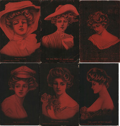 Lot of 6: Red Tinted "Gibson" Girl Style cards Artist Signed Postcard Postcard Postcard