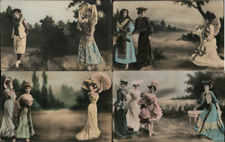 Lot of 4: Women in Fancy Dresses, Tinted Postcard