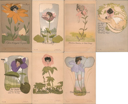 Lot of 7: Fantasy Women's Heads in Flowers Art Nouveau Postcard Postcard Postcard