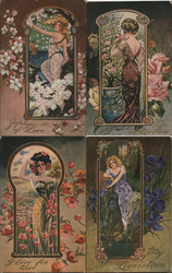 Lot of 4 Art Nouveau Women Postcard Postcard Postcard