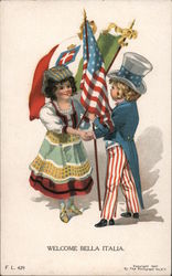 Welcome Bella Italia (Italian girl and Uncle Sam boy with flags) Patriotic Postcard Postcard Postcard