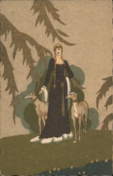 Woman with two Greyhounds Postcard