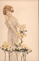 Woman with yellow roses Postcard