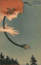 Woman Playing a Lyre - Raphael Kirchner Postcard Postcard Postcard