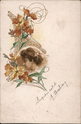 Woman and flowers. Postcard