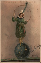 Prosit Neuwhar! (Clown balancing on a celestial globe) New Year's Mailick Postcard Postcard Postcard