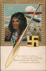 The Indian trusts in his symbol of luck, But it's best to depend on hustle and pluck. Native Americana Postcard Postcard Postcard