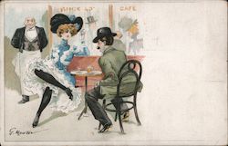 Couple at a cafe, by G. Mouton Artist Signed Postcard Postcard Postcard