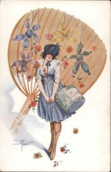 Woman and large fan Women Postcard Postcard Postcard