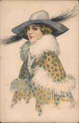 Woman with a feathered hat and fur-lined coat Postcard