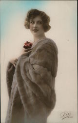 Woman in a Fur Coat Holding a Rose Women Postcard Postcard Postcard