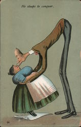 He Stoops To Conquer. Tall man kissing short woman. Comic Postcard Postcard Postcard