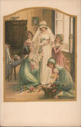 Bride and bridesmaids preparing for a wedding. Marriage & Wedding Postcard Postcard Postcard