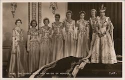 H.M.The Queen With Her Maids of Honour - Coronation Souvenir Postcard