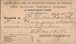 Receipt for subscription to the Office Examiner, 1886 Postcard