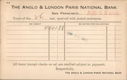 Bank receipt for a deposit. Anglo & London Paris National Bank, 1909. Postcard