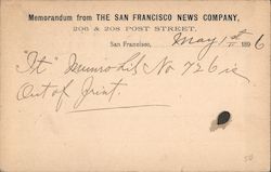 Memorandum from the San Francisco News Company Postcard