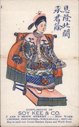 Woman on a throne. Ad for Soy Kee & Co., Chinese Importers Postcard