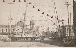 Downtown San Jose decorated with Christmas bells. Horse-drawn traffic. California Postcard Postcard Postcard