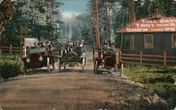 Toll Gate and old touring cars on a dirt road. Postcard Postcard Postcard