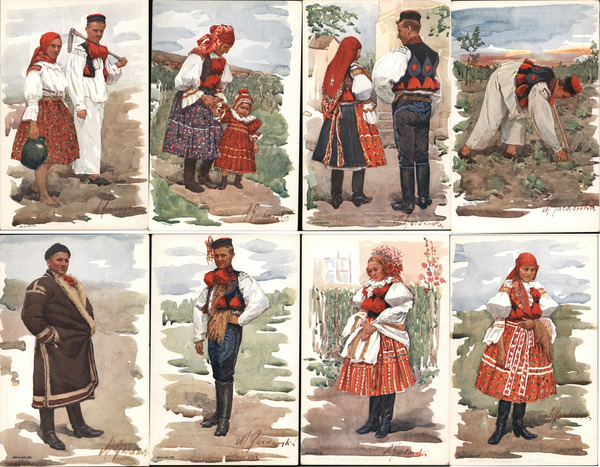 Set of 8: People in Czech Traditional Costumes Czechoslovakia Postcard