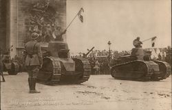 Victorious troops in France with tanks Postcard