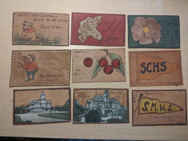 Lot of 9: San Jose, Santa Clara, San Mateo Leather Postcards SF Bay Area California