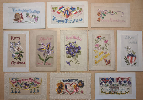 Lot of 11: Patriotic, WWI-era Embroidered Silk Postcards Holidays