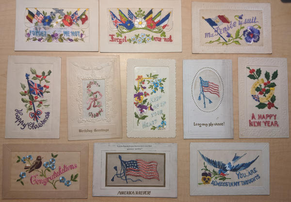 Lot of 11: WWI-era Embroidered Silk Postcards, Patriotic