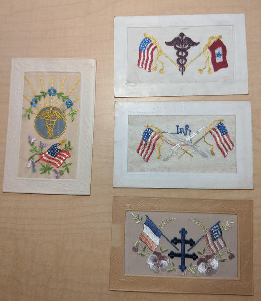 Lot of 4: WWI Embroidered Silk Postcards Caduceus Medical Patriotic