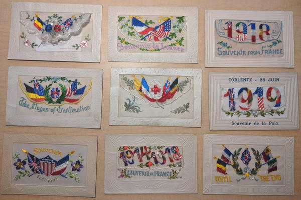 Lot of 9: WWI 1918 1918 Patriotic Embroidered Silk Postcards